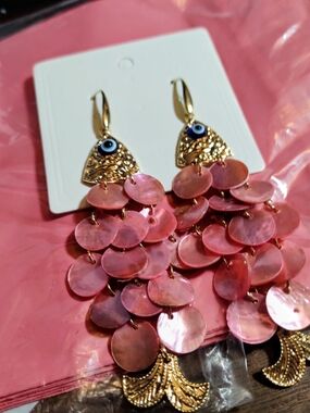 Gold-Tone Earrings with Pink Shell Discs and Blue Evil Eye